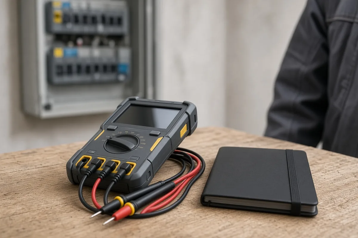 Miernik instalacji elektrycznej z przewodami pomiarowymi i notesem